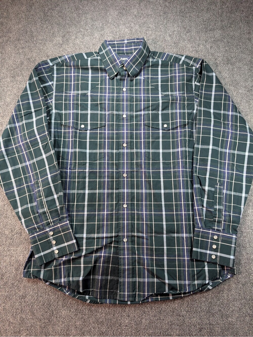 Wrangler Mens Large Western Plaid Long Sleeve Shirt Green Blue Pearl Snap